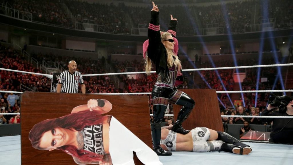 Natalya stands triumphant after defeating Ruby Riott in a Tables Match at WWE TLC