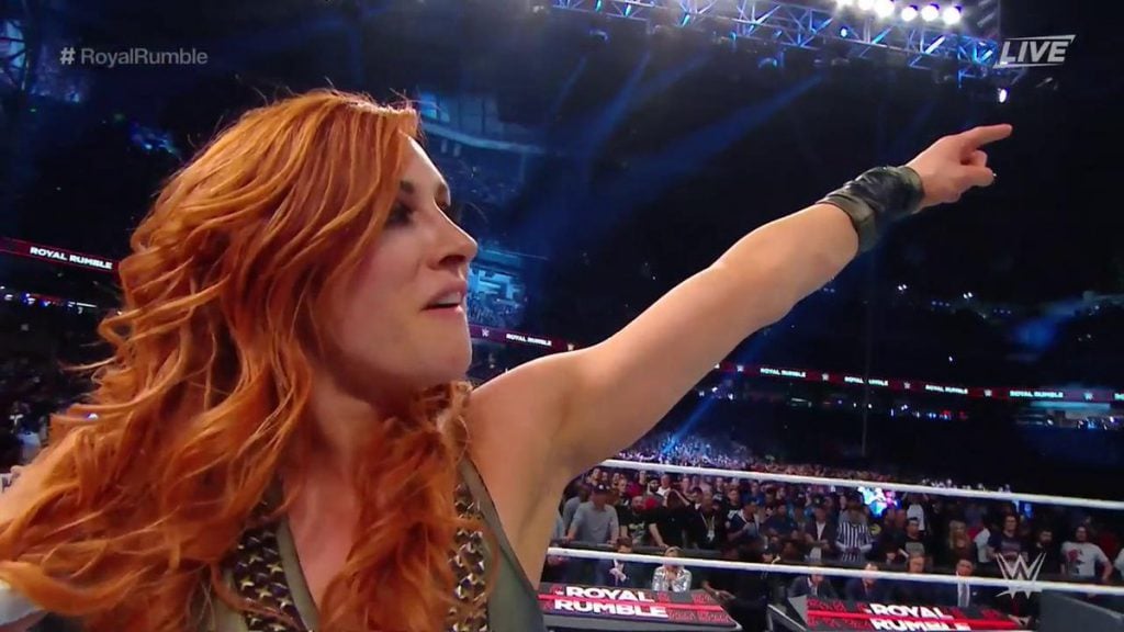Becky Lynch Pointing at the WrestleMania Sign